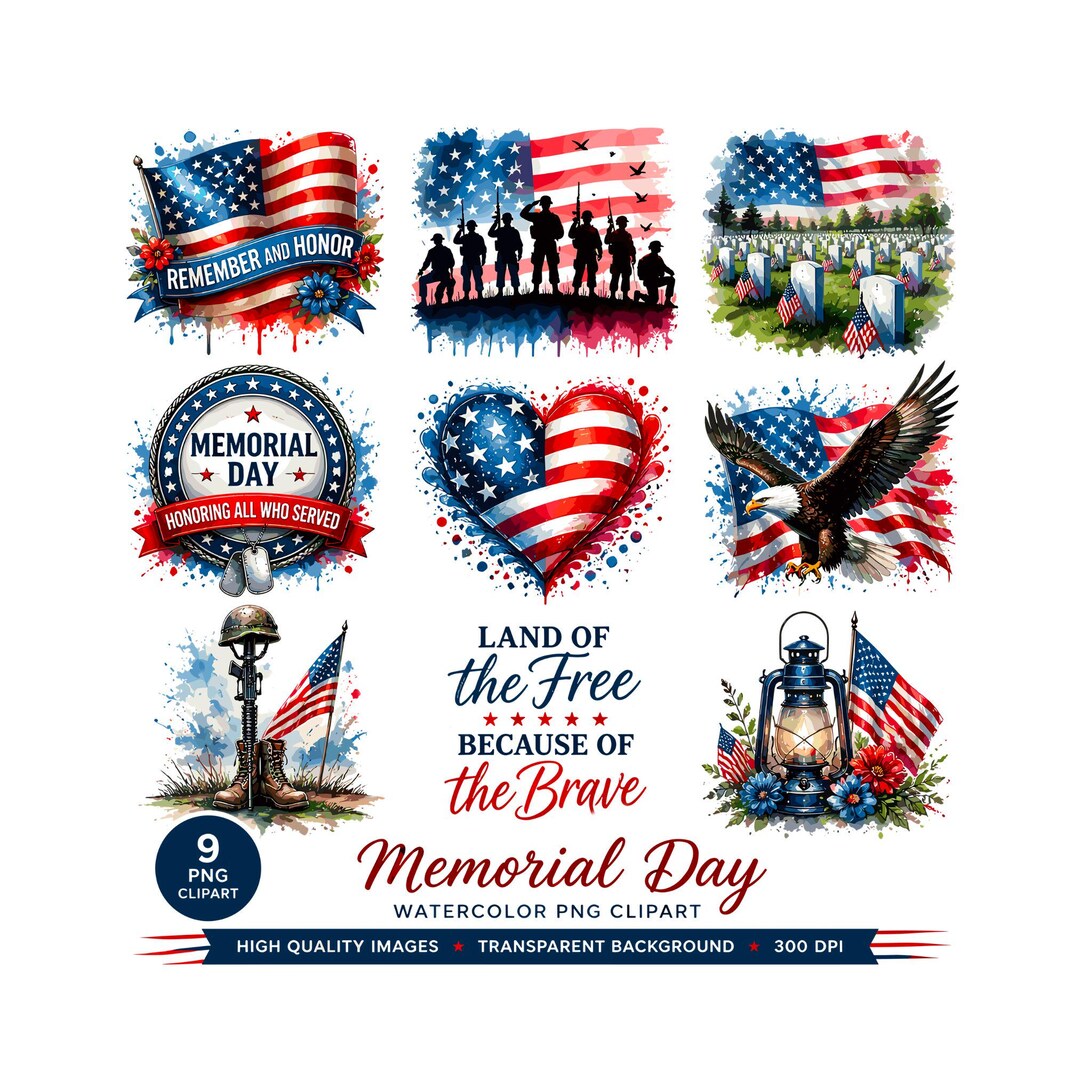 Memorial Day Watercolor PNG Clipart Bundle | Patriotic American Flag ...