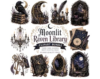 Dark Academia Clipart Bundle, Moonlit Raven Library PNG, Gothic Celestial Magic Graphics, Witchy Junk Journal Kit, Raven on Books Clipart