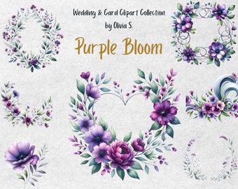 Borde floral morado para tarjeta, clipart PNG para uso comercial, marco de invitación de boda imprimible, diseño floral de descarga digital, materiales para manualidades