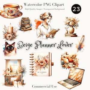 Clipart amante del planner beige acquerello - Pacchetto PNG di Planner Girl, pianificazione accogliente, rustico, adesivi digitali, uso commerciale, download digitale