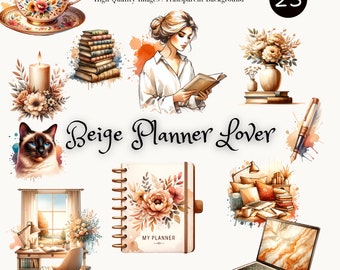 Aquarelle beige planificateur amoureux des cliparts - planner Girl PNG Bundle, planification confortable, rustique, autocollants numériques, usage commercial, téléchargement numérique
