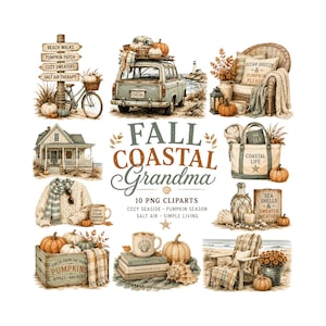 May include: A collection of digital illustrations featuring fall and coastal themes, including a bicycle with pumpkins, a vintage car, a wicker chair, a house, a tote bag, a sweater, a crate of pumpkins, books, and a wooden chair with text.