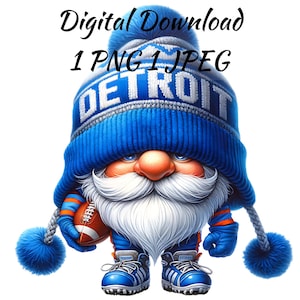 Fröhlicher Gnom Football Spieler in blau und weißem Outfit mit DETROIT Hut, State Team Maskottchen png - Lustige PNG Clipart zum digitalen Download