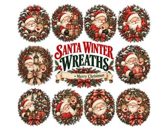 Santa Winter Wreaths Clipart | Vintage Christmas PNG Bundle | Reindeer & Santa Holiday Graphics for Card Making, Sublimation, Scrapbook