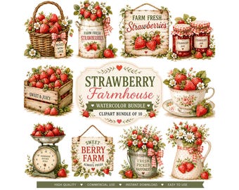 Strawberry Farmhouse Watercolor Clipart | Rustic Berry Graphics Bundle | Vintage Kitchen PNG, Jam Jar Art, Farm Fresh Berries PNG Set