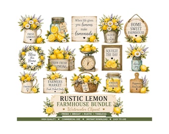 Rustic Lemon Farmhouse Clipart Bundle, Watercolor Lemon PNG, Shabby Chic Kitchen Graphics, Lemonade Mason Jar Art, Digital Summer PNG Set
