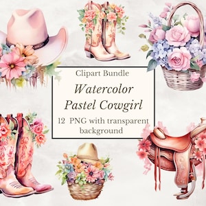 Aquarell Pastell Cowgirl Clipart - Wild Western PNG digitale Bild-Downloads für die Kartenherstellung, Scrapbook, Junk Journal, Papierhandwerk