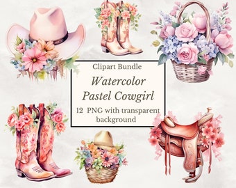 Watercolor Pastel Cowgirl Clipart - Wild Western PNG Digital Image Downloads for Card Making, Scrapbook, Junk Journal, Paper Crafts