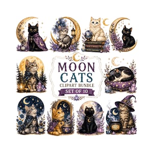 Peut inclure: Un ensemble de cliparts numériques intitulé MOON CATS CLIPART BUNDLE SET OF 10 présentant dix illustrations distinctes de chats avec des éléments célestes, lunaires et magiques, incluant croissants de lune, cristaux, potions et chapeaux de sorcier.