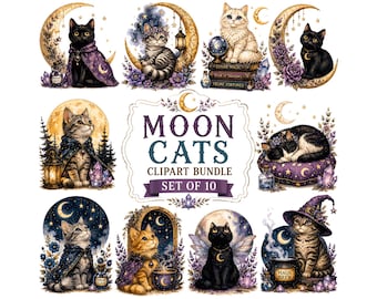 Mystical Moon Cats Clipart Bundle, Celestial Witchy Cat PNG, Magical Feline Digital Graphics for Junk Journals & Stickers, Set of 10