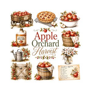 Puede incluir: Una colección de ilustraciones con temática de manzanas que incluye un carro de madera, un pastel de rejilla, un tazón de manzanas, una jarra de sidra, una regadera, una cesta de manzanas, un ramo, una puerta de madera, un barril y una tarjeta de receta.