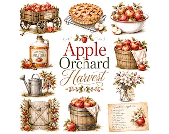 Apple Orchard Clipart Bundle | Fall Harvest Digital Graphics |Rustic Apple Pie & Cider Illustrations | Autumn Watercolor PNG | Farmhouse Art
