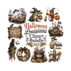Può includere: Una collezione di illustrazioni digitali intitolata Halloween Louisiana Clipart Bundle Vol 2, che presenta un fantasma in barca, un alligatore, un gambero, un cartello bayou, una nave, un gatto nero, una ghirlanda, una pentola di gumbo e un giglio.