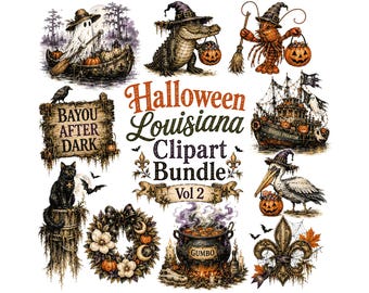 Louisiana Halloween Clipart Bundle | Spooky Bayou Graphics | Alligator, Ghost, Gumbo Pot, Swamp Sublimation | Vintage Halloween Digital PNG