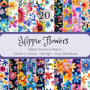 Hippie Colorful Flowers SEAMLESS Patterns, Abstract Flowers Digital Paper, 20 Designs in 12x12 Inches for Commercial Use ,Floral Pattern Jpg