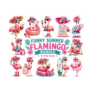 May include: A set of cartoon flamingo illustrations in summer scenes. The flamingos wear sunglasses, hats, and accessories, some holding drinks or beach items. Text reads "Funny Summer Flamingo Bundle - 10 PNG Files".