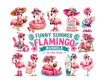 Grappige zomerse flamingo clipartbundel | 10 coole roze flamingo-png's | Strandvakantie tropische sublimatieontwerpen | Grillige vogelillustraties