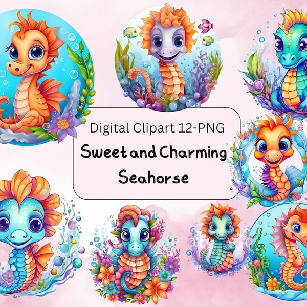 12 Cute Seahorse PNG Clipart Ocean Animals Seahorse PNG Adorable Sea Horse Water Bubbles Sublimation Fish Wall Art Printable Print for Kids