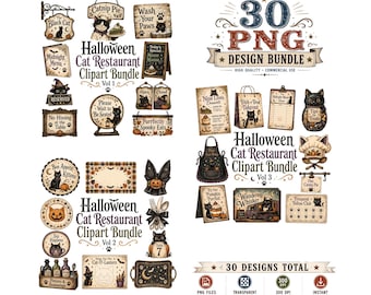 Halloween Cat Restaurant Clipart Bundle | 30 Vintage Black Cat PNGs | Spooky Cafe Graphics | Cat Chef Clipart | Commercial Use Download