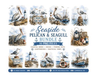 Nautical Pelican Seagull Clipart Bundle | Coastal Bird PNG Graphics, Lighthouse Fishing Boat Art, Watercolor Beach Junk Journal Clipart