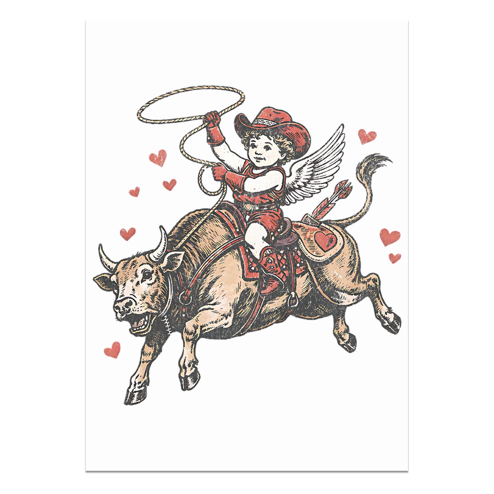Trendy Vintage Western Cupid PNG, Distressed Cowboy Angel Riding Bull ...