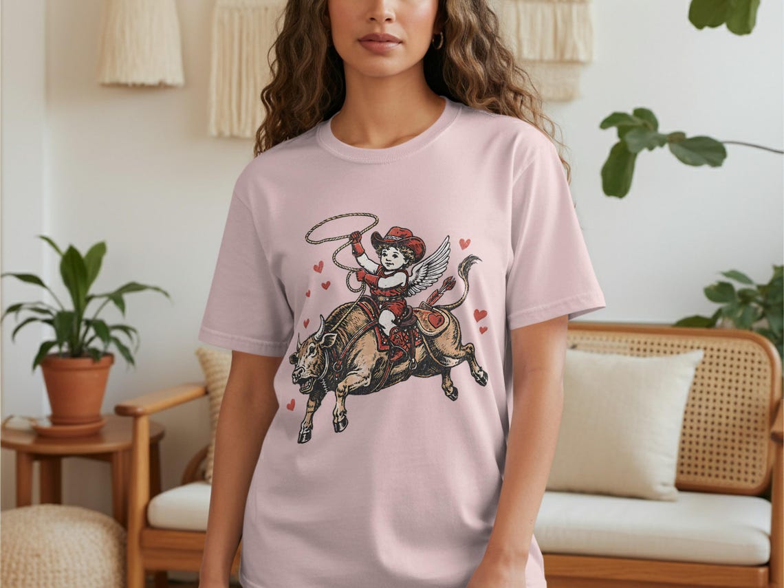 Trendy Vintage Western Cupid PNG, Distressed Cowboy Angel Riding Bull ...