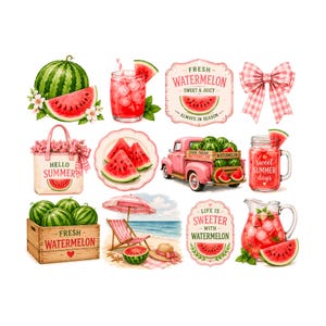 May include: A collection of watercolor illustrations featuring watermelons and related summer imagery. Includes a whole watermelon, watermelon slices, drinks, a pink truck, a tote bag with "Hello Summer", and other decorative elements.