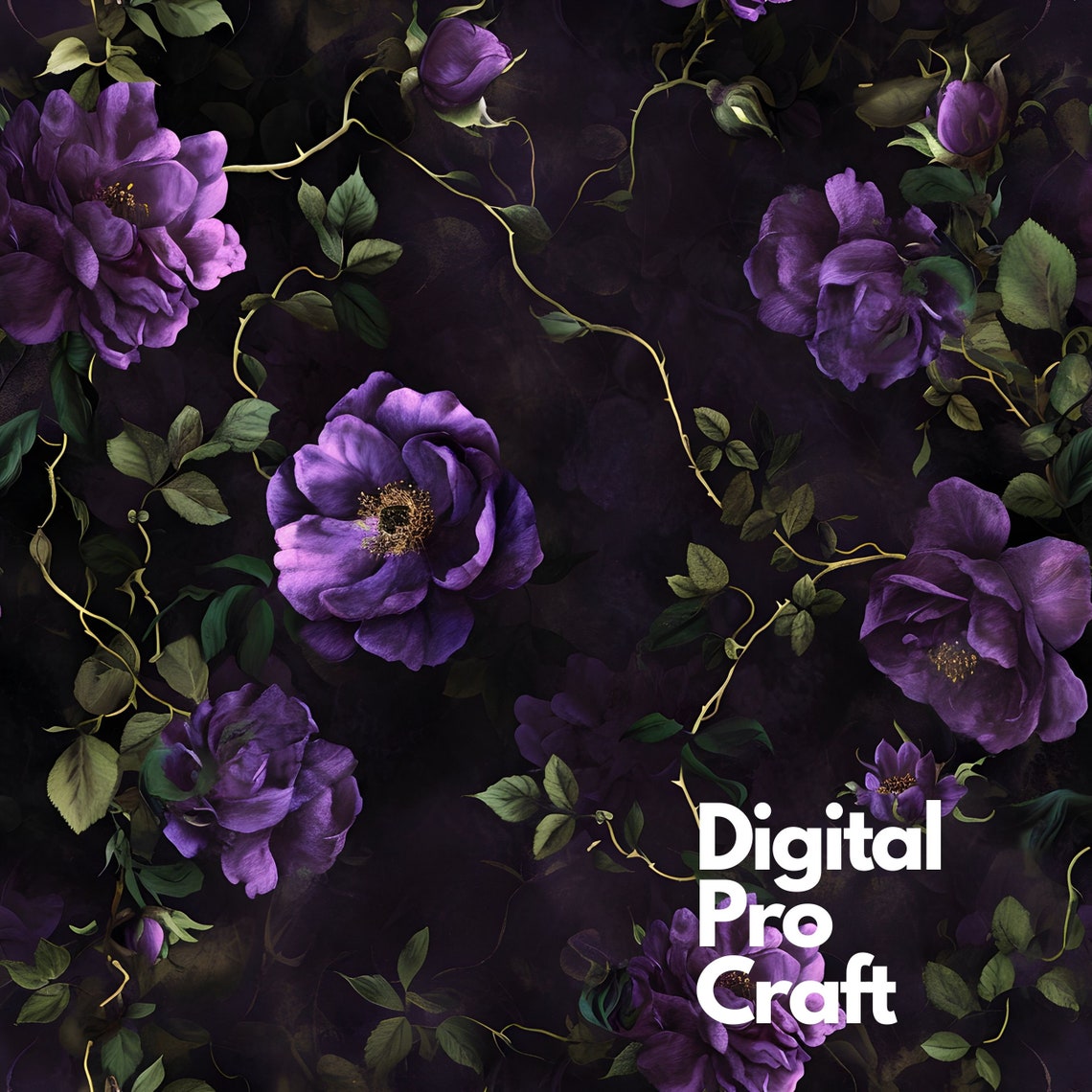 Baroque Purple Rose Digital Paper Set of 16 , Seamless Dark Floral ...
