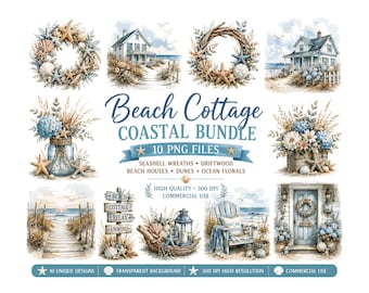 Beach Cottage Coastal Clipart Bundle | Watercolor Beach House PNG, Seashell Wreaths, Ocean Florals, Summer Graphics | 10 High-Res PNGs