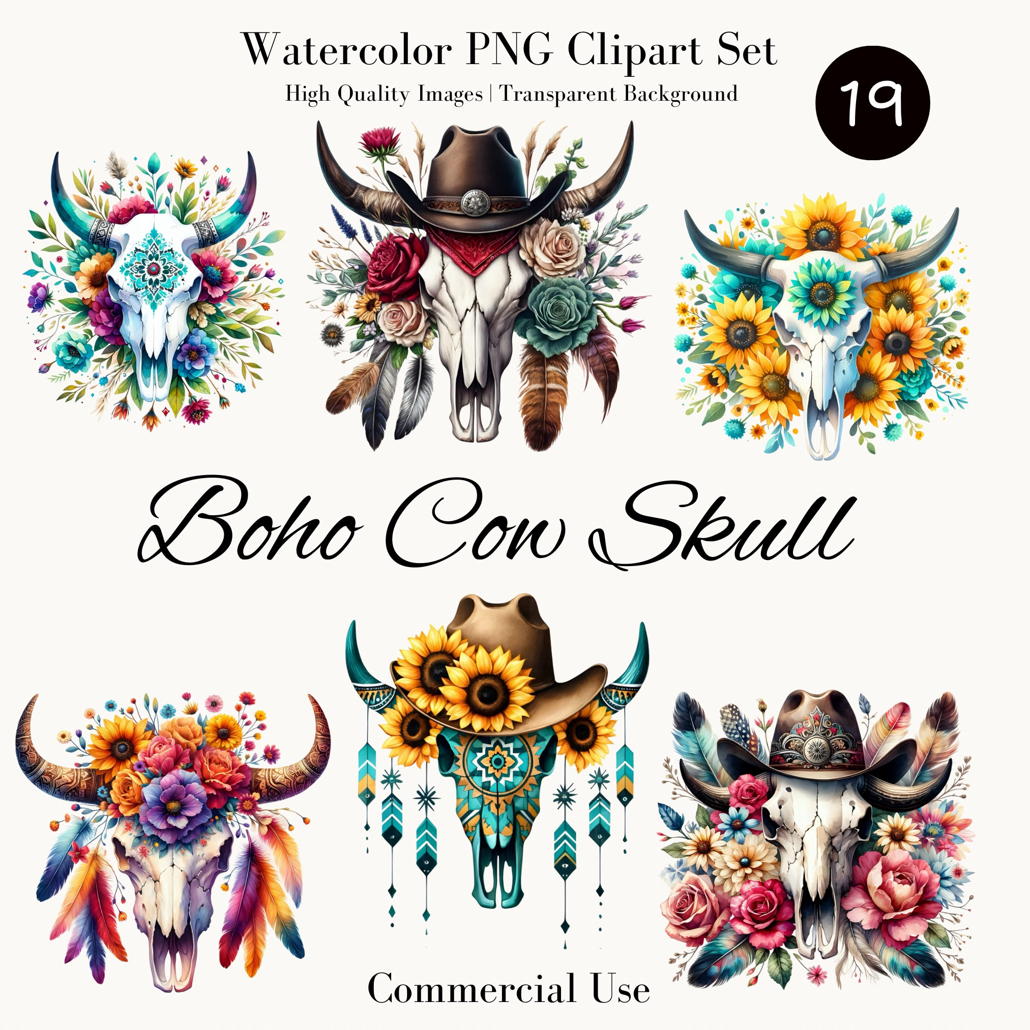 Boho Cow Skull Watercolor Clipart Set, Digital PNG Files, Transparent Background, Floral Bull Skulls, Commercial Use, Boho Western Floral