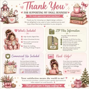 Puede incluir: Una hoja de informaci&oacute;n digital en tonos rosa y crema con ilustraciones de una ni&ntilde;a, una linterna, libros y un regalo. El texto incluye Thank You For Supporting My Small Business, What's Included, ZIP Files Information, Commercial Use Included y Need Help.