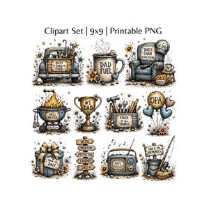 May include: A collection of watercolor-style clip art elements with a Father's Day theme. Includes a truck, coffee mug, armchair, grill, trophy, toolbox, balloons, gift, directional signs, radio, and fishing gear. The text includes "Best Dad Ever" and "Thank You Dad!"