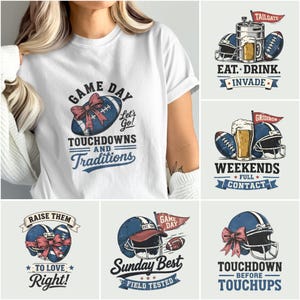 Game Day Football PNG Bundle, Set of 6 Distressed Retro Sports Designs, Tailgate Party Helmet Ball Beer PNGs, Football Mom Gift