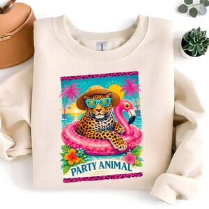 Party Animal Leopard T-Shirt Design | Tropical Summer PNG | Flamingo Floaty Beach Vacation Sublimation | Retro Cheetah DTF Design Greeting