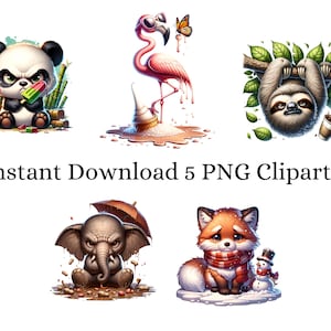 Funny Digital Watercolor Grumpy Animals Clipart Collection, 5 PNG Grumpy Safari Animals, Animal Clipart, Cartoon Pet Prints Bundle