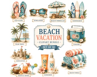 Beach Vacation Clipart Bundle | Vintage Summer Graphics for DIY T-Shirts, Invitations, & Scrapbooking | Tropical Digital Illustrations PNG