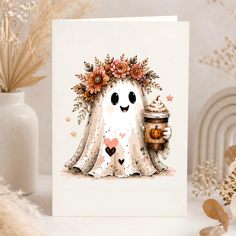 May include: A white greeting card featuring a cartoon ghost wearing a floral crown of orange and brown flowers. The ghost holds a brown coffee cup with a pumpkin illustration and is decorated with small pink and black heart shapes and stars.
