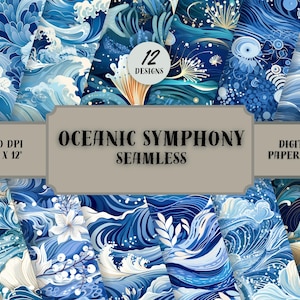 Oceanic Symphony - Tranquil Sea-inspired Seamless Patterns - 12 Designs - 12x12in - Commercial Use - Waves, Seashells, Marine Life, and More