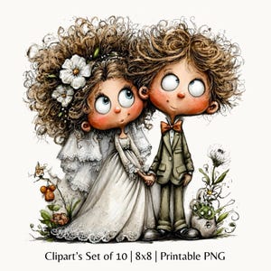 Brud och brudgums bröllop PNG | Romantiskt par 10 Clipart | Boho bröllopsdagsillustration | Söt brudgum sublimeringsdesign