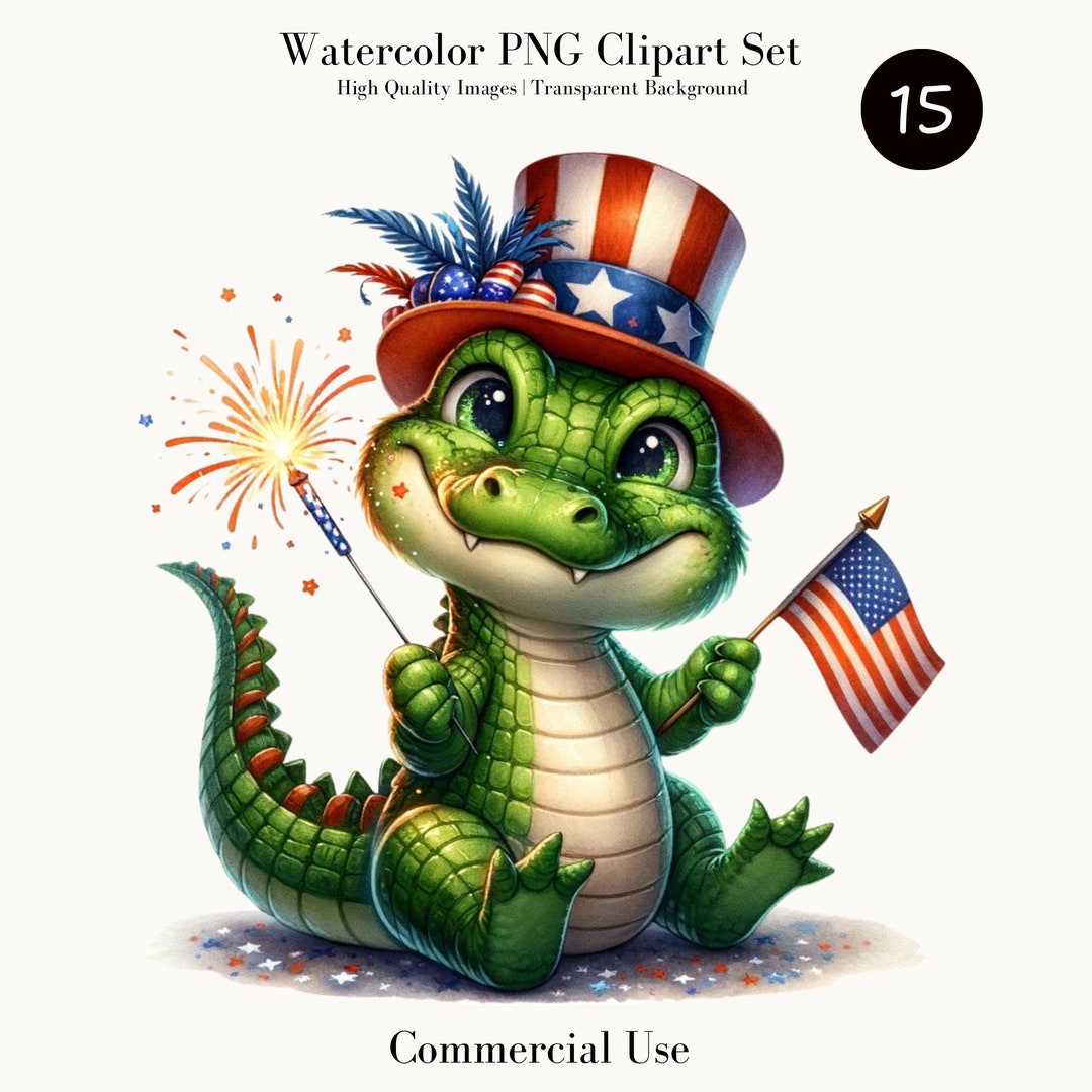 4th of July Alligator Clipart, Patriotic Watercolor Graphic