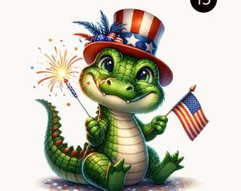4 de julio Alligator Clipart, Gráfico patriótico de acuarela, Diseño del Día de la Independencia, Arte de la bandera americana, Uso comercial, Descarga digital
