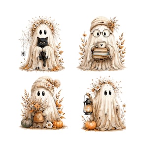 May include: Four whimsical ghost illustrations. One ghost holds a black cat, another wears glasses and holds books and a teacup, a third carries a vase of flowers, and the last holds a lantern. Each ghost is surrounded by autumn foliage and pumpkins.