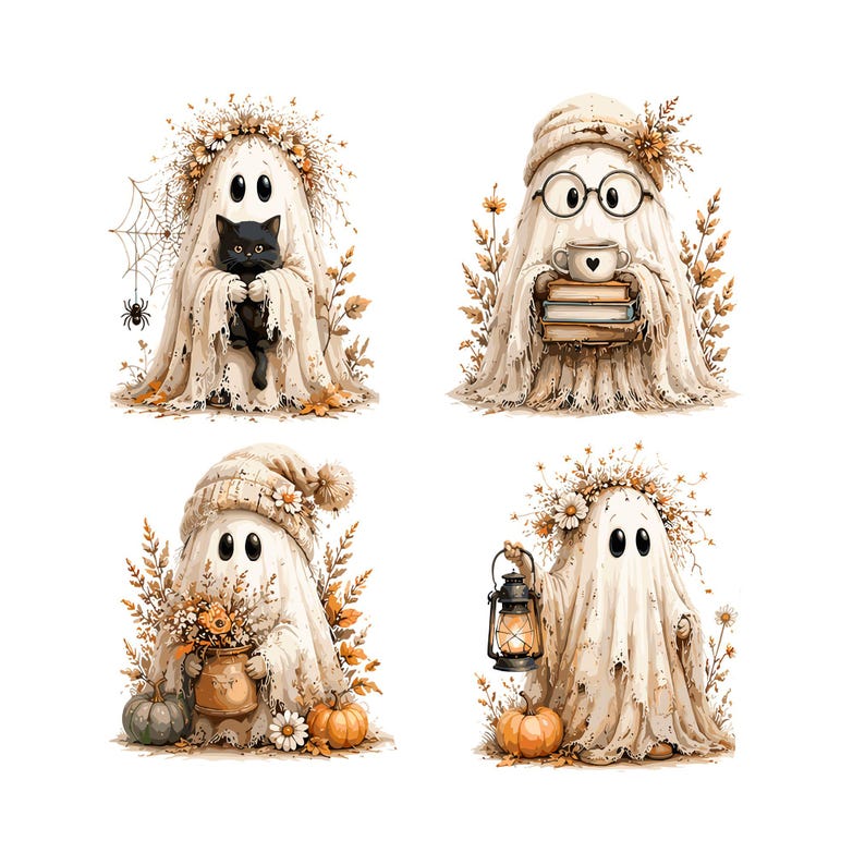 May include: Four whimsical ghost illustrations. One ghost holds a black cat, another wears glasses and holds books and a teacup, a third carries a vase of flowers, and the last holds a lantern. Each ghost is surrounded by autumn foliage and pumpkins.