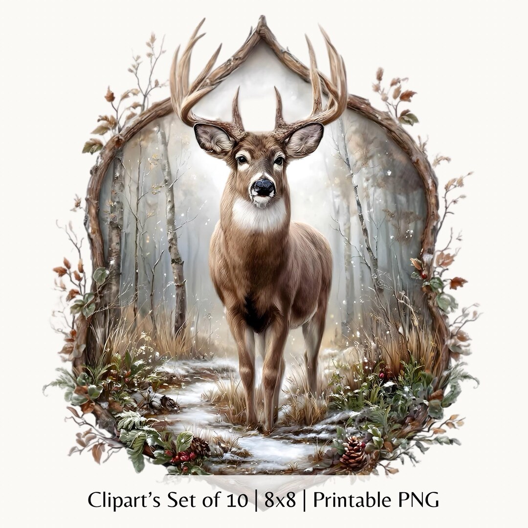 10 PNG Vintage Hunting Clipart, Deer Antler Winter Forest Scene ...