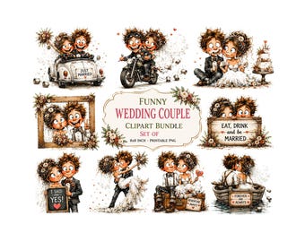 Funny Wedding Couple Clipart Bundle |Quirky Bride and Groom PNG |Humorous Wedding Illustrations for Invitations & Scrapbooking | Digital Art