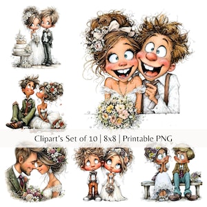 Puede incluir: Un conjunto de diez imágenes prediseñadas caprichosas con temática de boda. Las ilustraciones presentan parejas de dibujos animados en varias poses, incluyendo una novia y un novio con un pastel, y una pareja abrazándose. Se incluye el texto "Cliparts Set of 10 | 8x8 | Printable PNG".