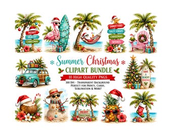 Summer Christmas Clipart Bundle, Tropical Flamingo Snowman Graphics (Digital Download)