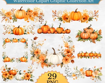 Watercolor Pumpkin Borders Clipart -  fall autumn borders clip art in high quality PNG format instant download for commercial use