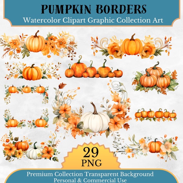 Watercolor Pumpkin Borders Clipart -  fall autumn borders clip art in high quality PNG format instant download for commercial use