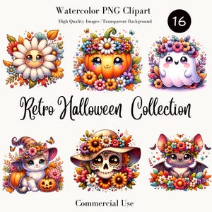 Watercolor Retro Halloween Collection Clipart – 16 PNG Halloween Clipart, Cute Ghost PNG, Fall PNG, Pumpkins, Spooky Graphics,Commercial Use